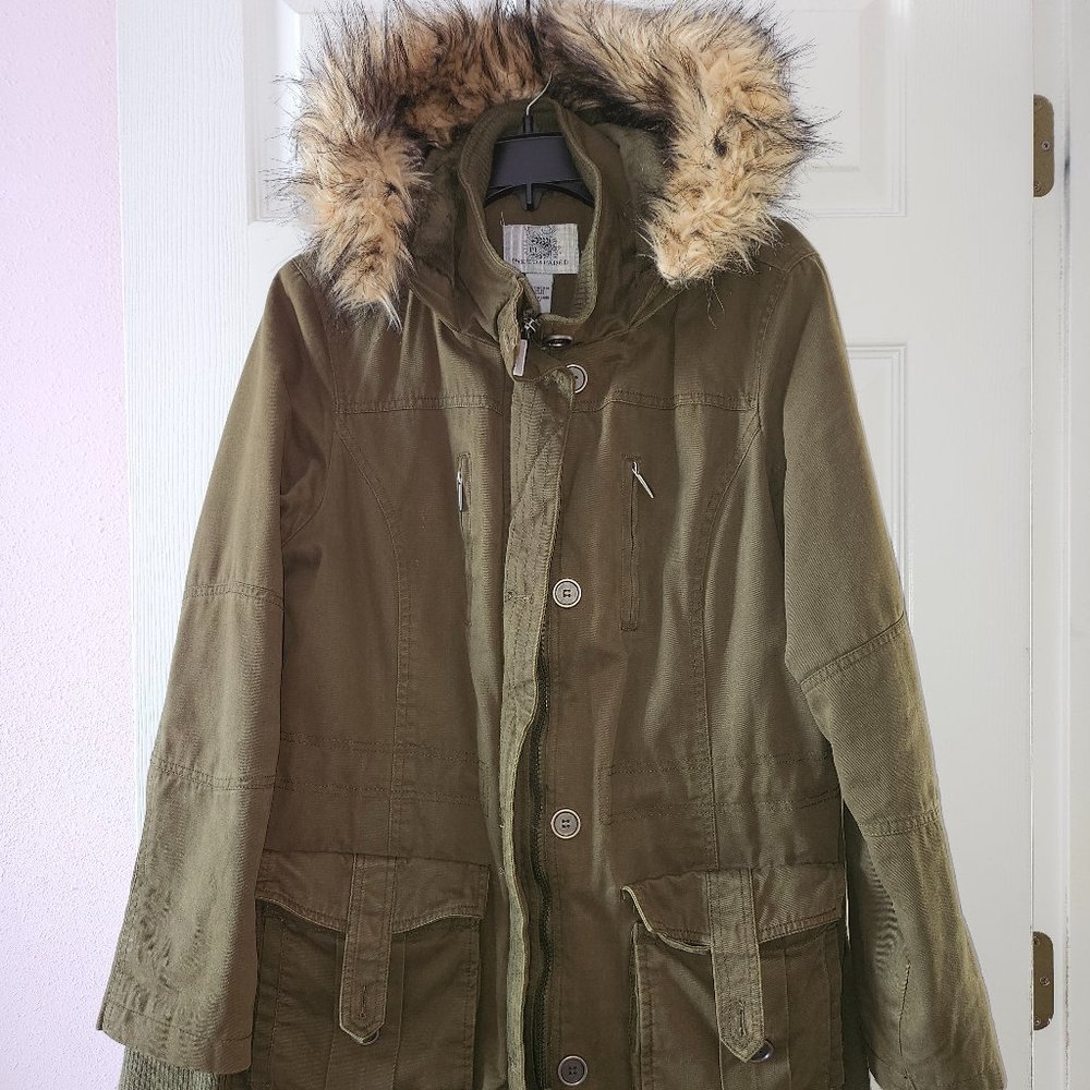Warm Olive Green Inked and Faded Outer coat with fur hood .Very soft fur lining